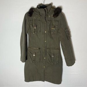 Vintage Y2K Garage Army Green Utility Style Coat W Faux Fur Trim Bella Swan XS